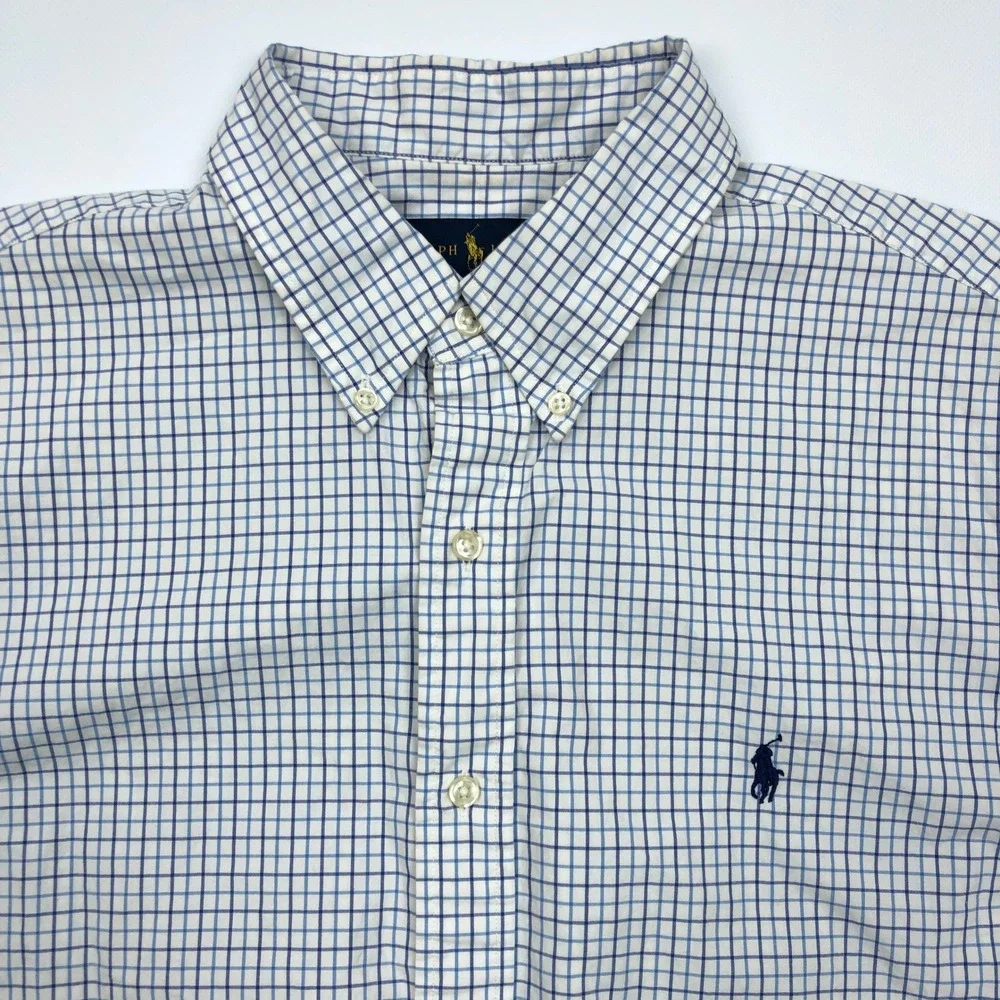 Polo Ralph Lauren Mens Large Blue White Tattersall Check Short Sleeve Shirt L